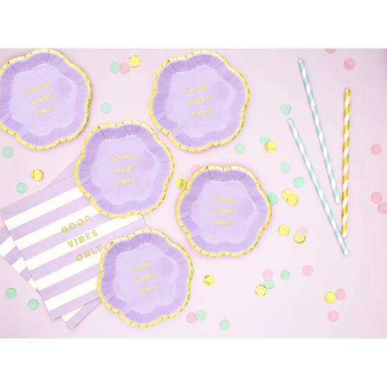 6 platos morados pastel con borde dorado "Good vibes only" de papel (13 cm) - Yummy