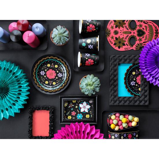 6 platos negros con flores multicolor de papel (18 cm) - Dia de Los Muertos Collection