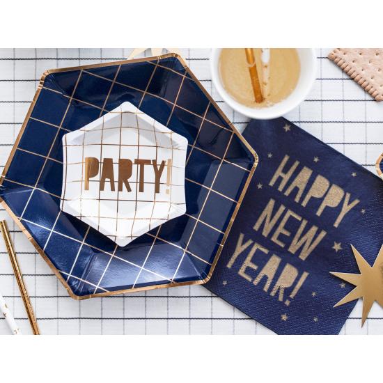 6 platos pentagonales azules marino con cuadrículas doradas de papel para nochevieja (23 cm) - Happy New Year Collection
