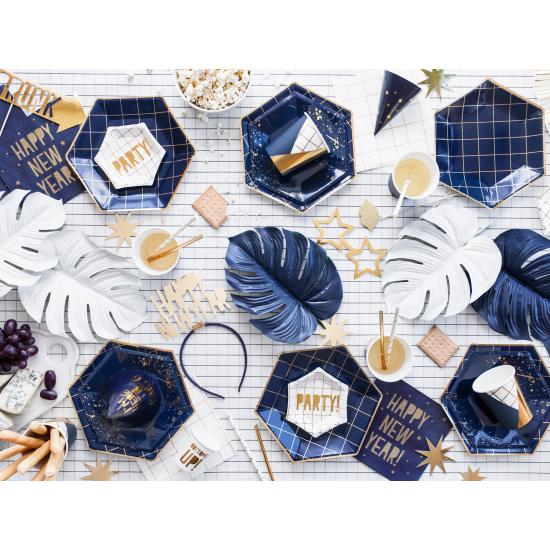 6 platos pentagonales azules marino con cuadrículas doradas de papel para nochevieja (23 cm) - Happy New Year Collection