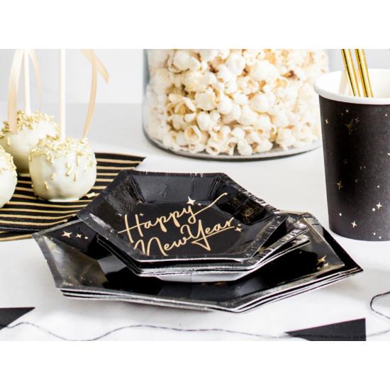 6 platos pentagonales negros y dorados "Happy New Year" de papel para nochevieja (12,5 cm) - New Year’s Eve Collection