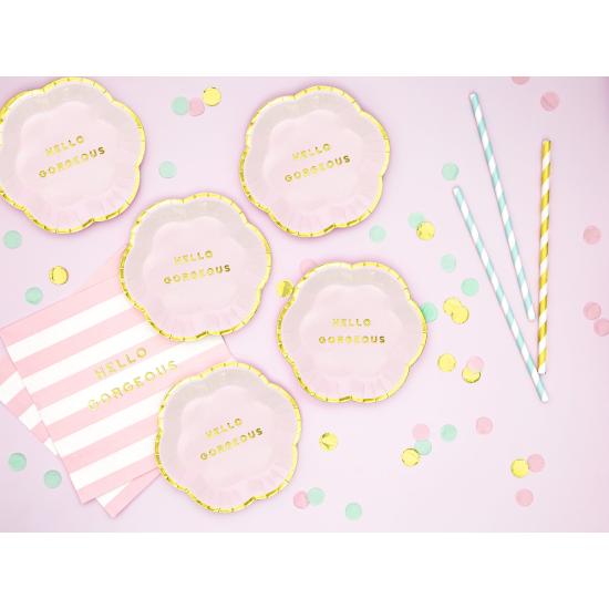 6 platos rosas pastel con borde dorado "Hello gorgeus" de papel (13 cm) - Yummy