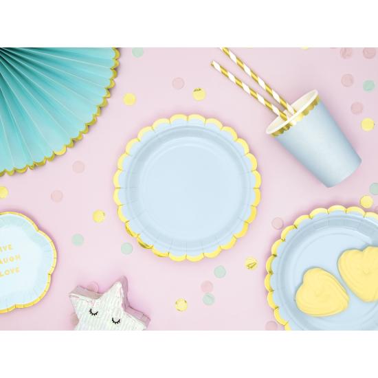 6 vasos azul pastel con borde dorado de papel - Yummy