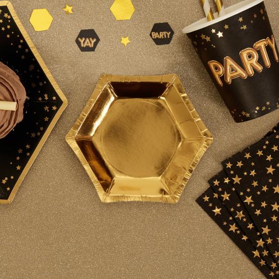 8 platos hexagonales dorados de papel (12,5 cm) - Glitz & Glamour Black & Gold