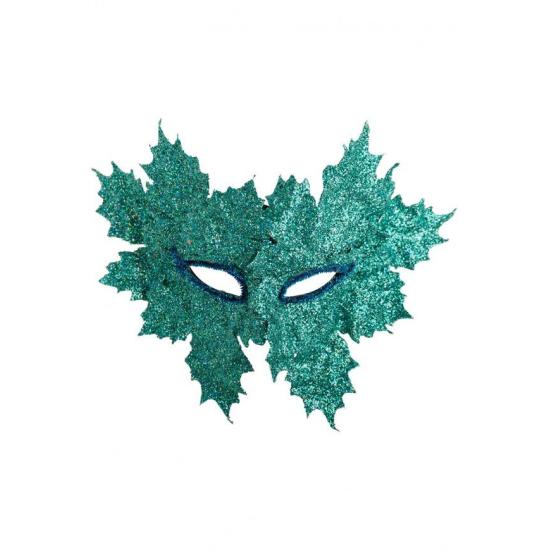 Máscara de plástico com folhas verdes aquáticas e glitter em uma bolsa