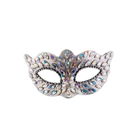 Máscara de plástico prateada com pedras preciosas e strass sobre papelão