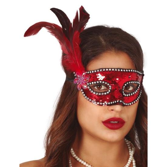 Máscara de lantejoulas vermelhas com pena