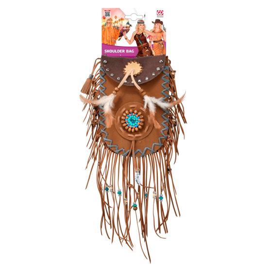 Bolsa indiana marrom com franjas e penas