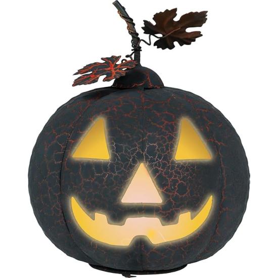Abóbora preta e laranja com luz (20 cm) - Decoração de metal para o Halloween e festas temáticas - Ideal para celebrações de terror e ocasiões especiais - Preto e laranja