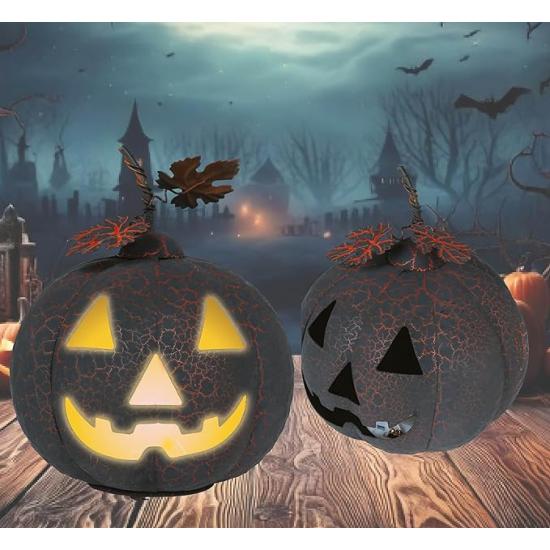 Abóbora preta e laranja com luz (20 cm) - Decoração de metal para o Halloween e festas temáticas - Ideal para celebrações de terror e ocasiões especiais - Preto e laranja