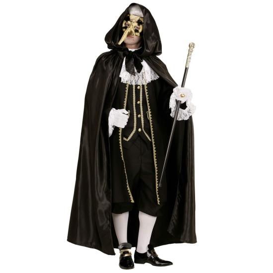 Capa com capuz em cetim preto 145 cm.