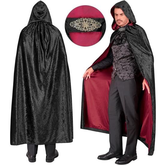 Capa com capuz de veludo preto e forro vermelho – 140 cm