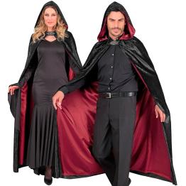 Capa com capuz de veludo preto e forro vermelho – 140 cm