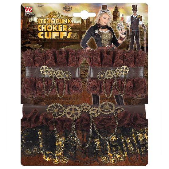 Conjunto de acessórios steampunk marrom – colar e pulseiras de renda