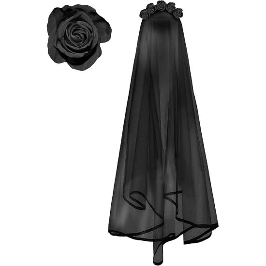 Faixa de cabeça com véu preto – acessório de fantasia para festas de Halloween e terror