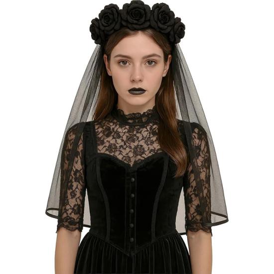 Faixa de cabeça com véu preto – acessório de fantasia para festas de Halloween e terror