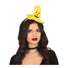 Mini faixa de cabeça com chapéu de bruxa e abóbora sorridente
