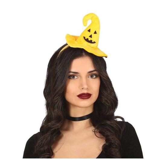 Mini faixa de cabeça com chapéu de bruxa e abóbora sorridente