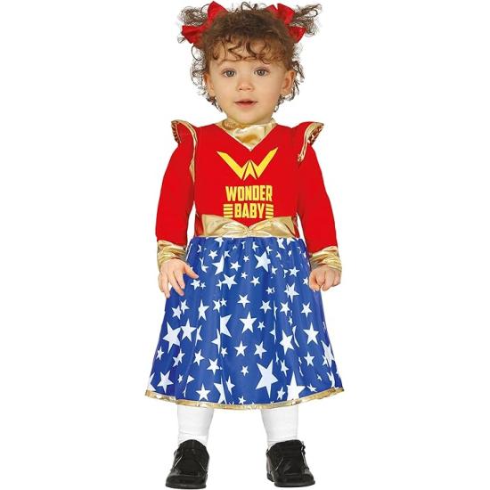 Fantasia Wonder Baby - Vestido Super Heroína Vermelho e Azul com Estrelas para Bebê ** Fantasia Wonder Baby - Vestido Super Heroína Vermelho e Azul com Estrelas para Bebê **