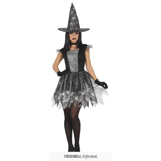 Fantasia de bruxa teia de aranha prateada – Vestido com chapéu – Fantasia de Halloween feminina