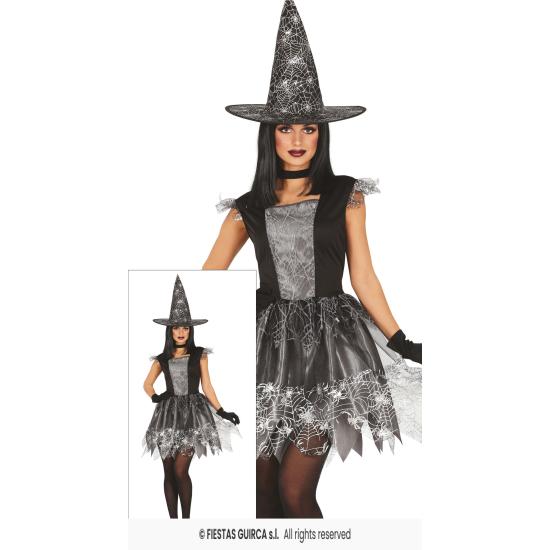 Fantasia de bruxa teia de aranha prateada – Vestido com chapéu – Fantasia de Halloween feminina