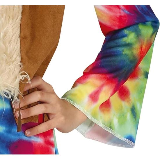 Fantasia de menina hippie, vestido e colete multicolorido tie-dye