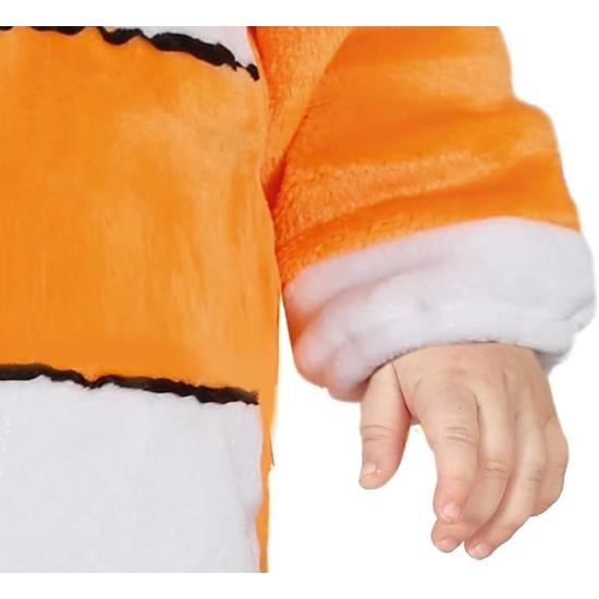 Fantasia de Peixe Palhaço - Macacão e Capuz Listrado Laranja e Branco para Bebê ** Fantasia de Peixe Palhaço - Macacão e Capuz Listrado Laranja e Branco para Bebê **