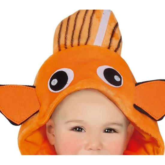 Fantasia de Peixe Palhaço - Macacão e Capuz Listrado Laranja e Branco para Bebê ** Fantasia de Peixe Palhaço - Macacão e Capuz Listrado Laranja e Branco para Bebê **