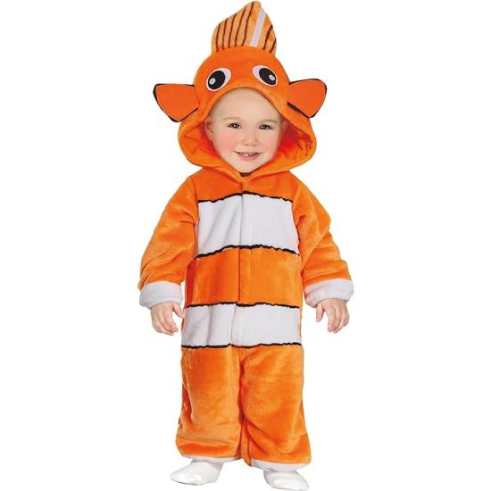Fantasia de Peixe Palhaço - Macacão e Capuz Listrado Laranja e Branco para Bebê ** Fantasia de Peixe Palhaço - Macacão e Capuz Listrado Laranja e Branco para Bebê **