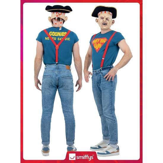 Fantasia de Preguiça dos Goonies com blusa, suspensórios, chapéu e máscara - Fantasia oficial de adulto dos Goonies