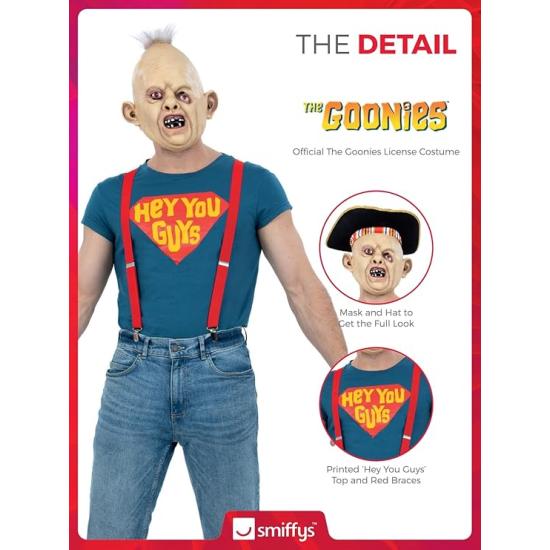 Fantasia de Preguiça dos Goonies com blusa, suspensórios, chapéu e máscara - Fantasia oficial de adulto dos Goonies