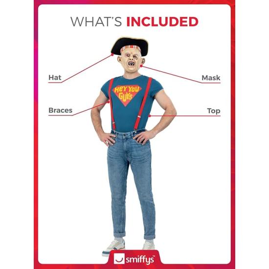 Fantasia de Preguiça dos Goonies com blusa, suspensórios, chapéu e máscara - Fantasia oficial de adulto dos Goonies