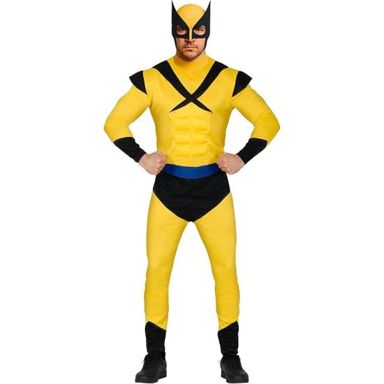 Fantasia de super-herói Wolverine musculoso dos X-Men para adultos, amarela, com capuz.
