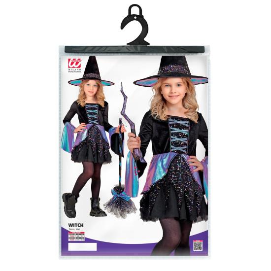 Fantasia infantil de bruxa de luxo – Vestido brilhante + chapéu