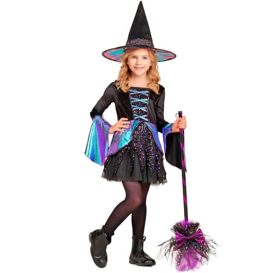 Fantasia infantil de bruxa de luxo – Vestido brilhante + chapéu