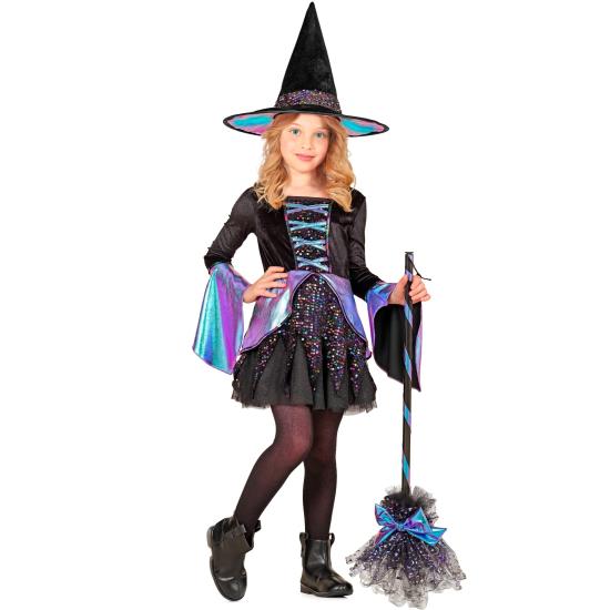 Fantasia infantil de bruxa de luxo – Vestido brilhante + chapéu