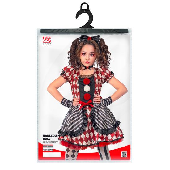 Fantasia de boneca arlequim para meninas – Vestido com laço, gargantilha e luvas