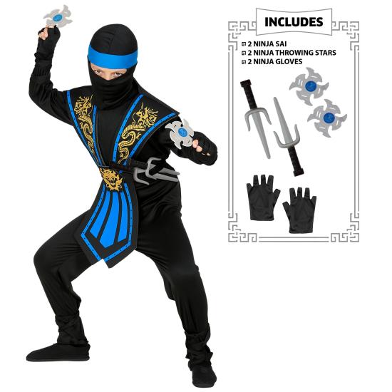 Fantasia de Ninja Azul para Meninos com Conjunto de Armas