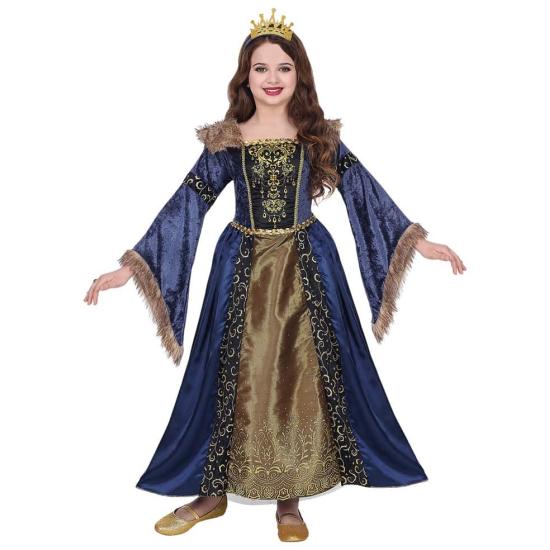 Fantasia de rainha medieval azul luxuosa para meninas