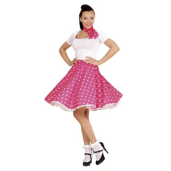 Saia de bolinhas rosa dos anos 50 com lenço de graxa, tamanho único