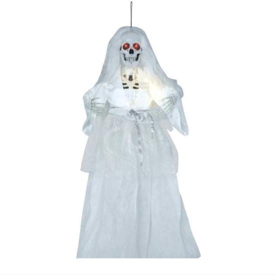 Boneca de noiva esqueleto de Halloween com luz e som 90 cm