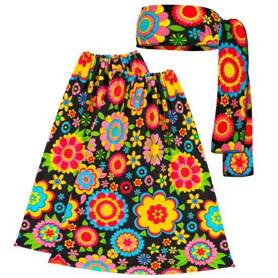 Conjunto Hippie anos 60/70, faixa de cabeça e luvas de flores, hippie, reggae, flower power