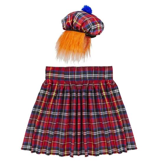 Conjunto escocês de luxo com saia escocesa e boné com peruca