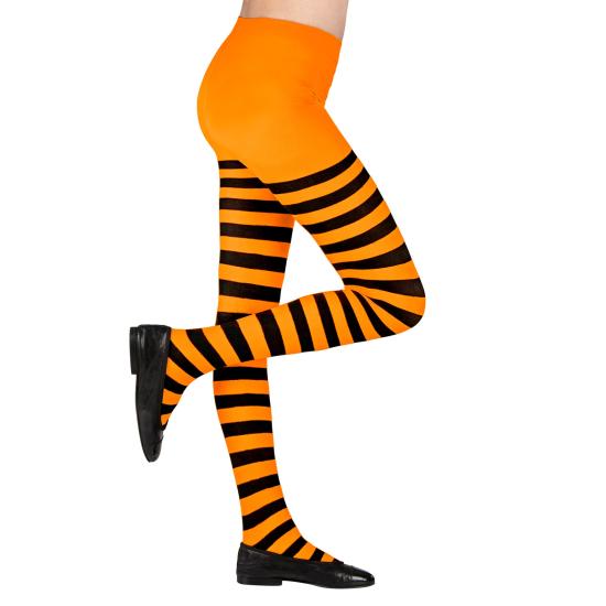 Meia-calça listrada laranja e preta.