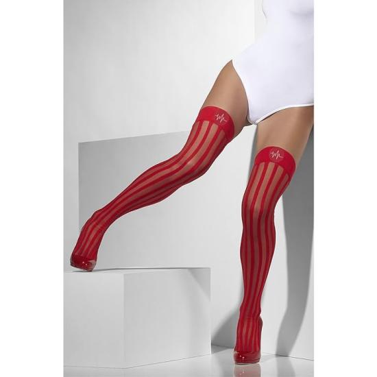 Meias transparentes vermelhas com listras verticais