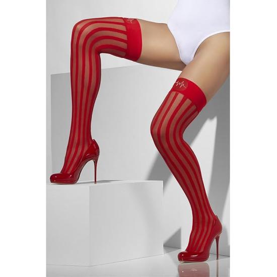 Meias transparentes vermelhas com listras verticais