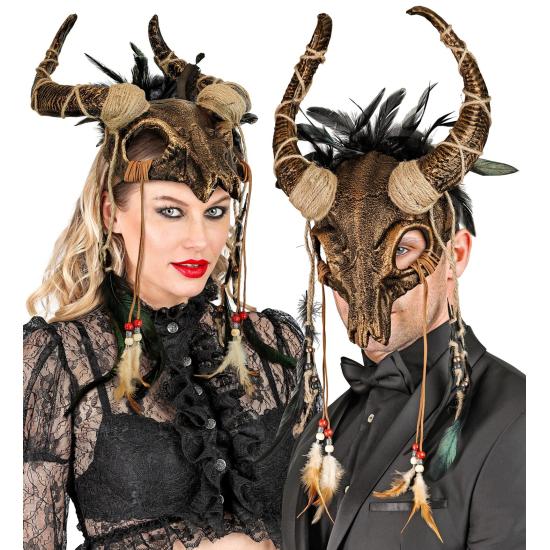 Máscara de caveira de touro xamã com penas