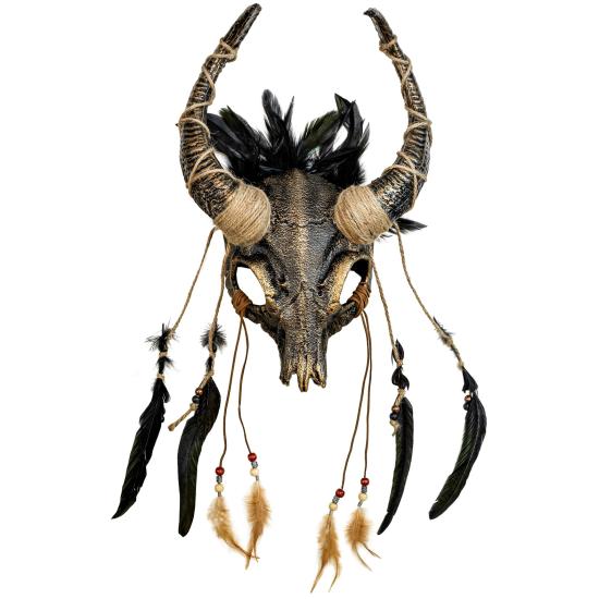 Máscara de caveira de touro xamã com penas