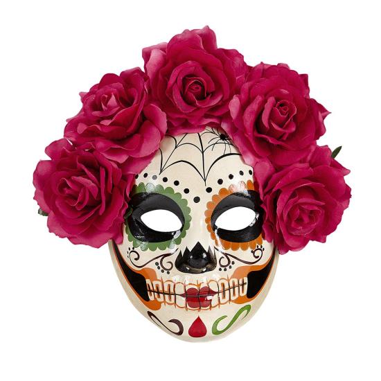 Máscara do Dia de Los Muertos decorada com rosas roxas