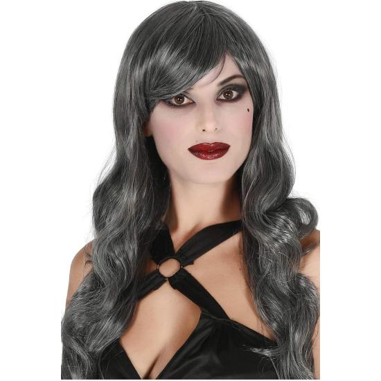 Peruca longa e ondulada cinza